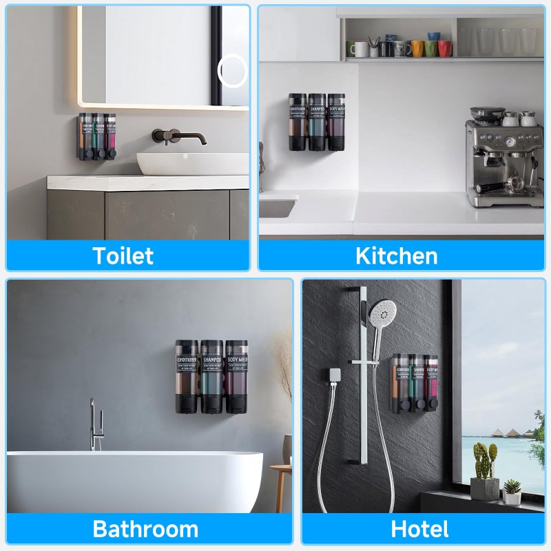 GlintGath Shampoo and Conditioner Dispenser GlintGath Shower Dispenser 3 Chamber No Drill Shampoo Dispenser for Shower Wall Mounted Shower Soap Dispenser for Bathroom Hotel 3 * 300ML Matte Black - Image 2